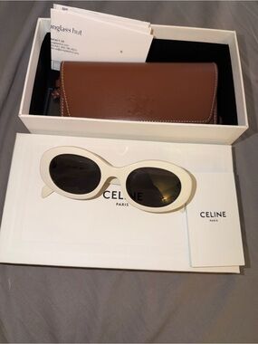 Celine Cream Oval Sunglasses with Dark Lenses